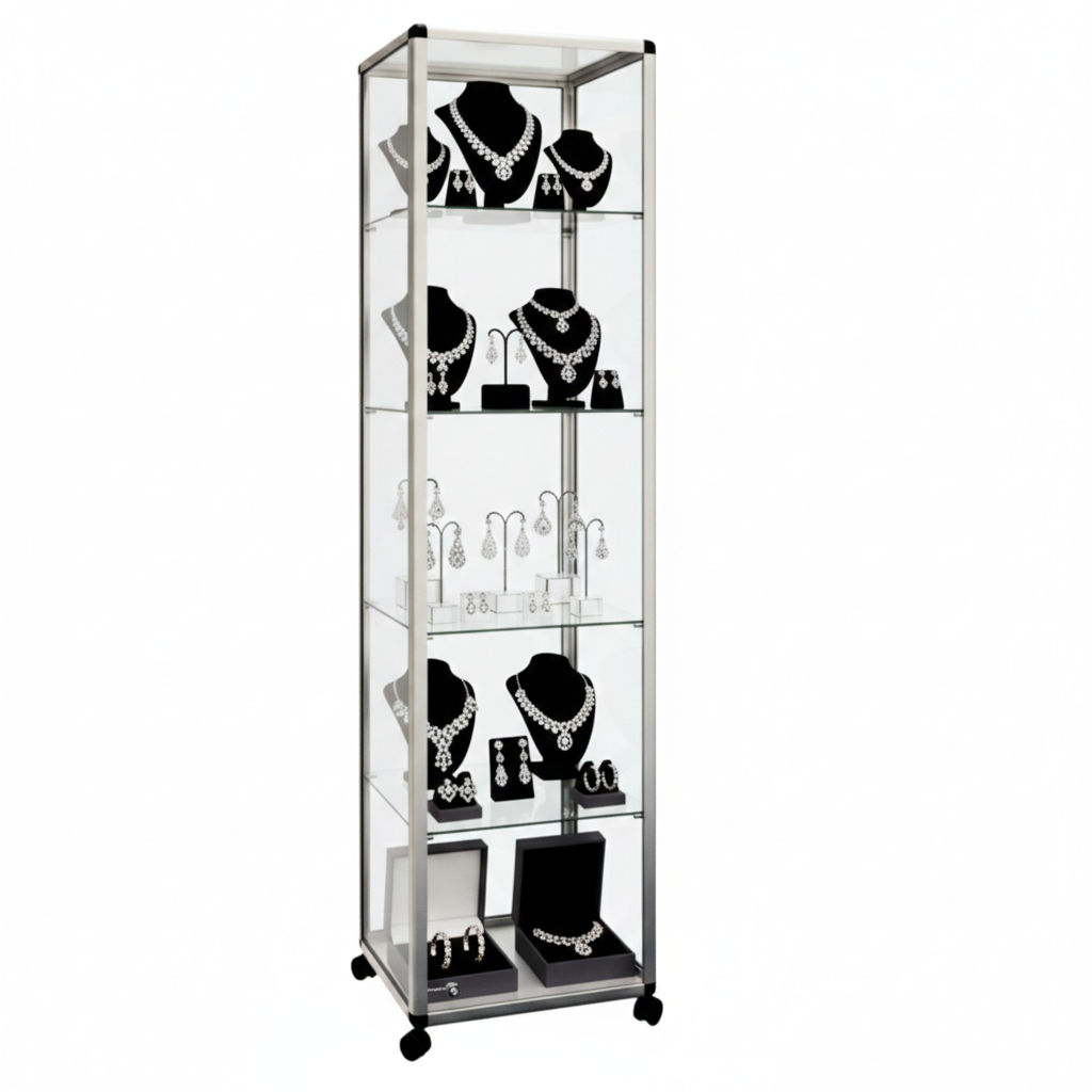 Glass Display Cabinet Tower with 4 Shelves - Contour Range