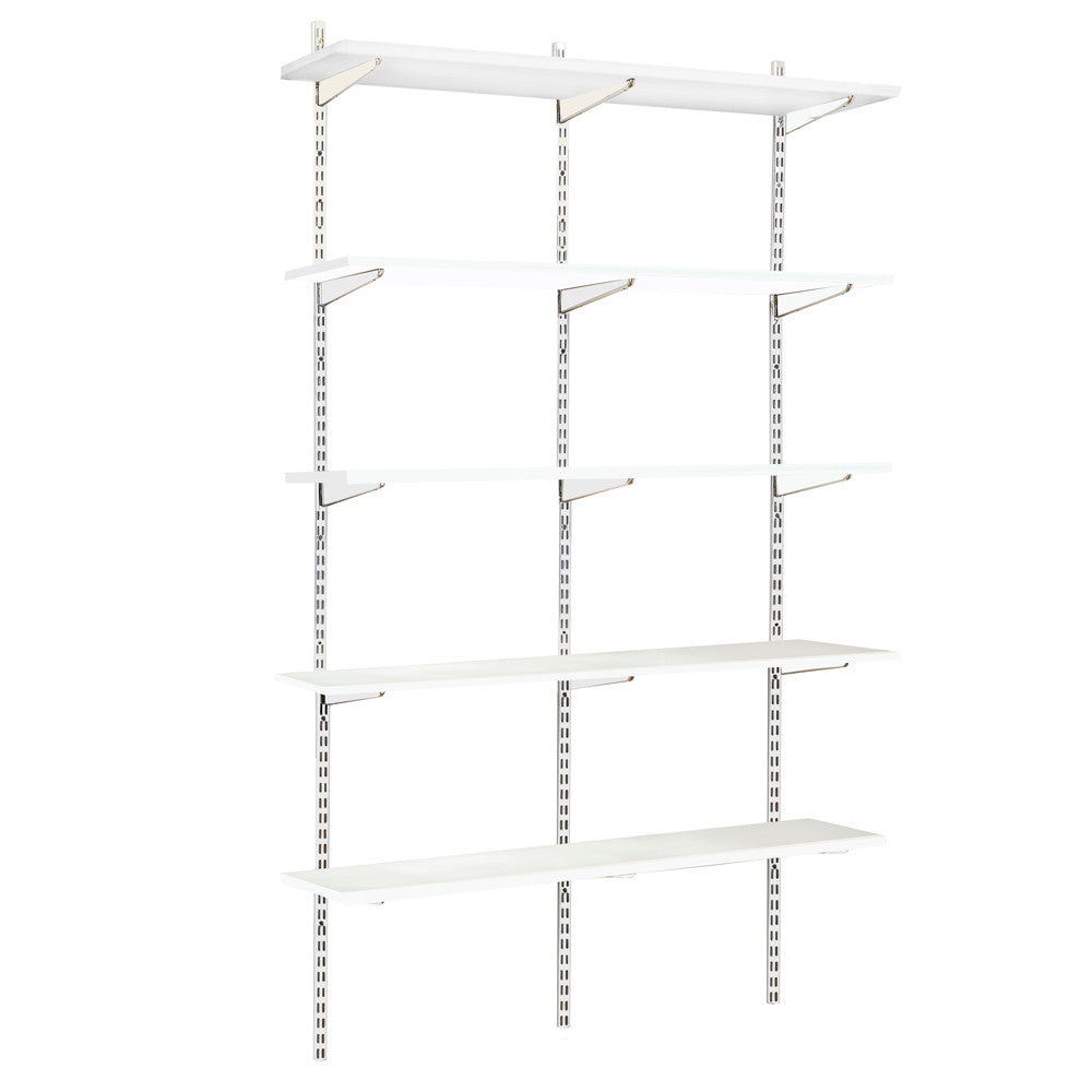White Twin Slot Shelving Kit - H1980mm, 3 Uprights & 5 White Wooden Shelves