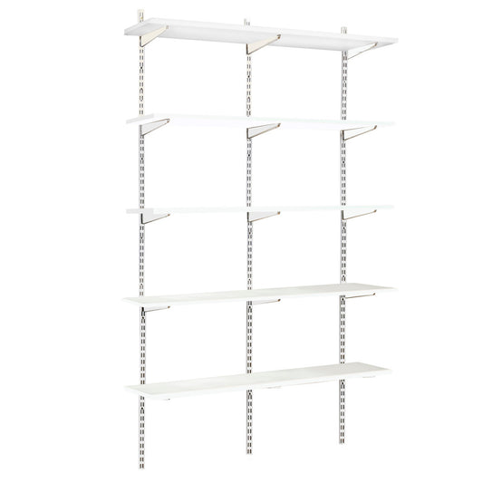 White Twin Slot Shelving Kit - H1980mm, 3 Uprights & 5 White Wooden Shelves