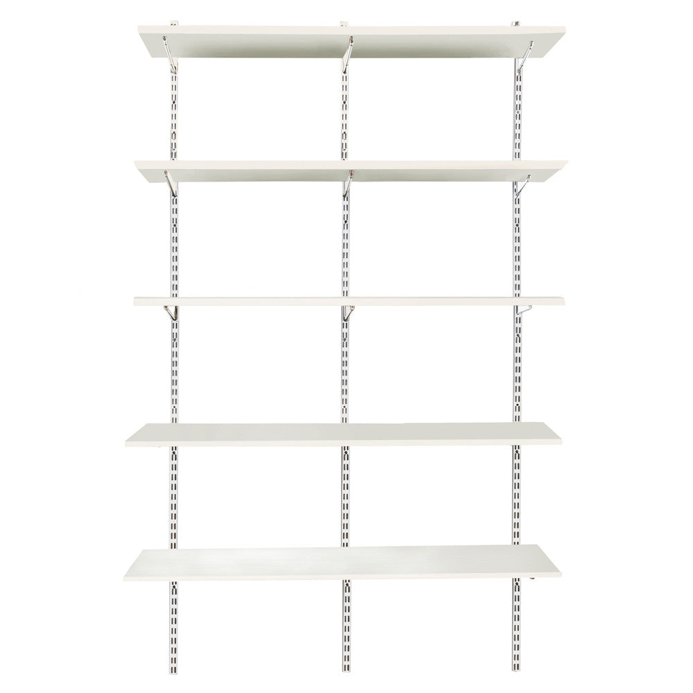 White Twin Slot Shelving Kit - H1980mm, 3 Uprights & 5 White Wooden Shelves