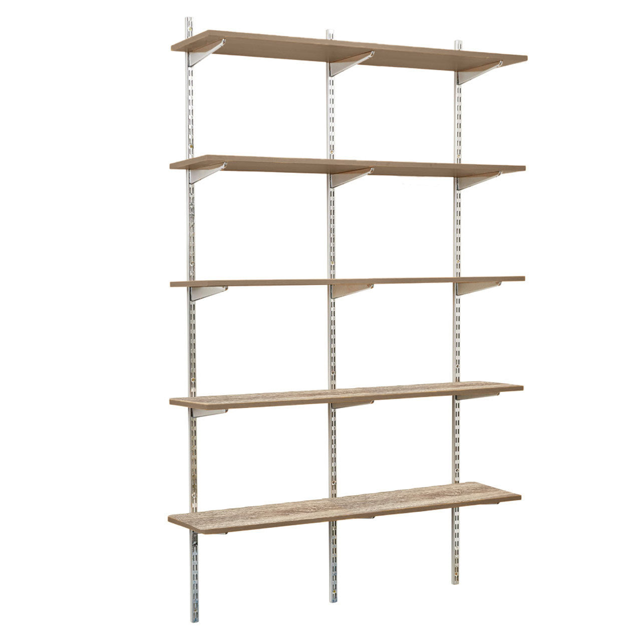 Chrome Twin Slot Shelving Kit - H1980mm, 3 Uprights & 5 Oak Wooden Shelves