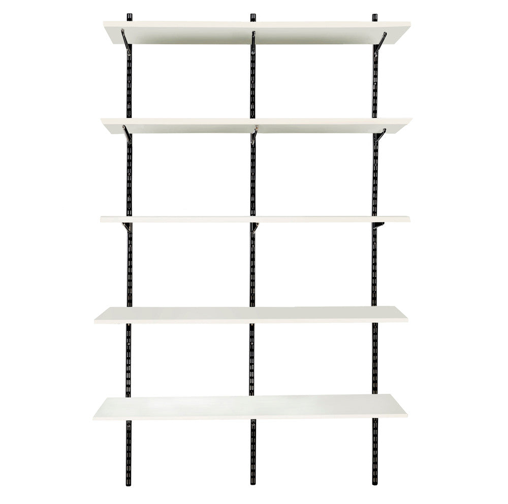 Black & White Twin Slot Shelving Kit - H1980mm, 3 Uprights & 5 White Wooden Shelves