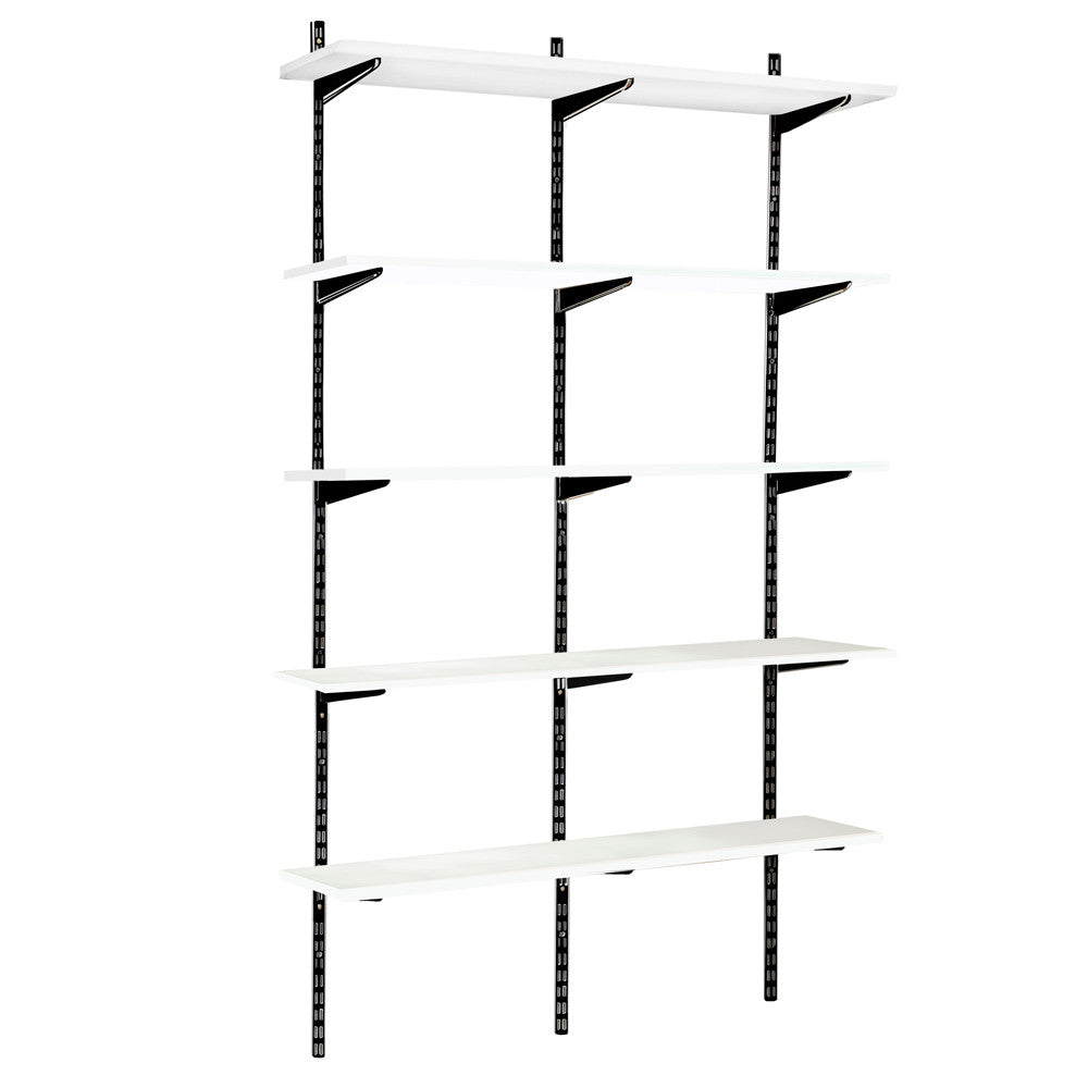 Black & White Twin Slot Shelving Kit - H1980mm, 3 Uprights & 5 White Wooden Shelves