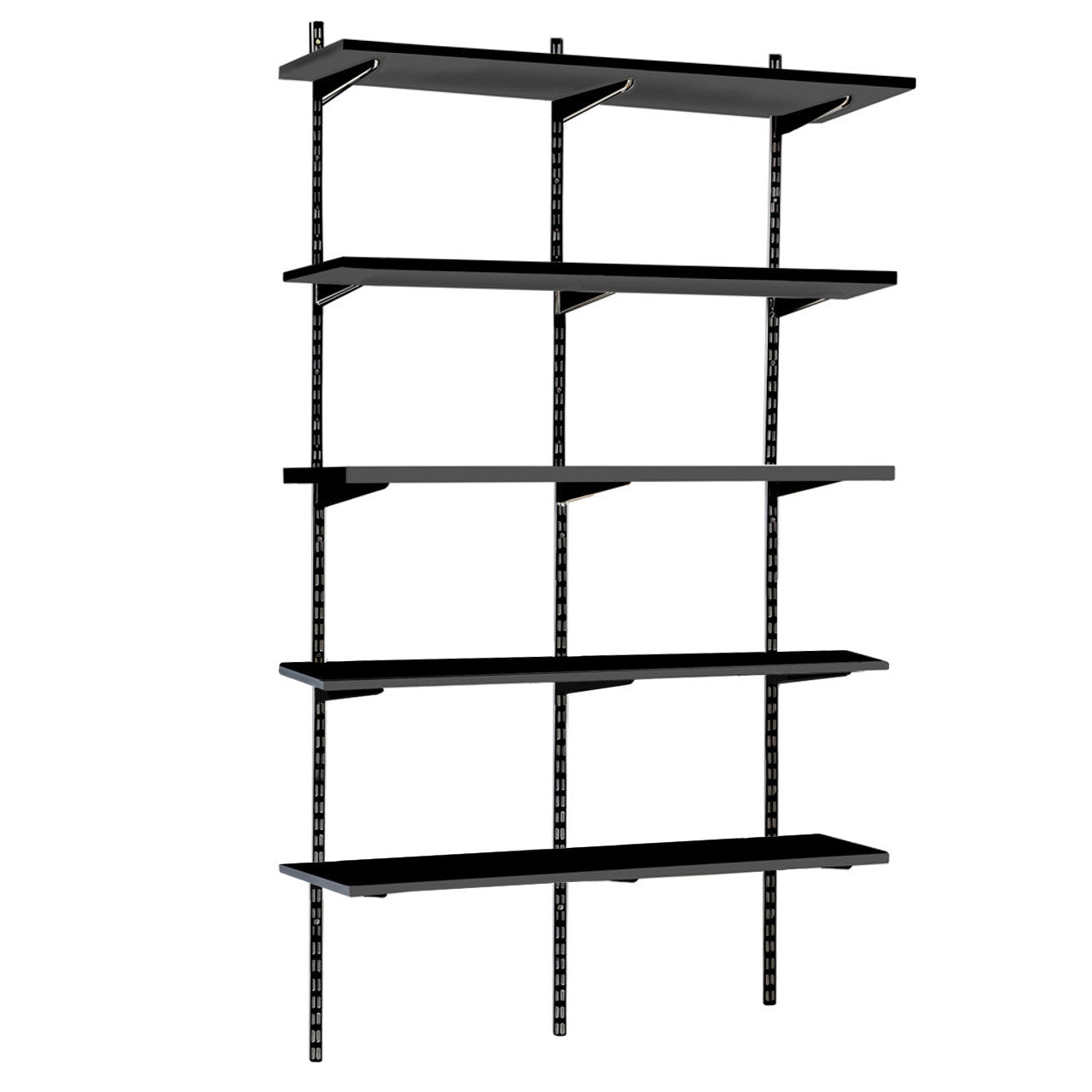 Black Twin Slot Shelving Kit - H1980mm, 3 Uprights & 5 Black Wooden Shelves