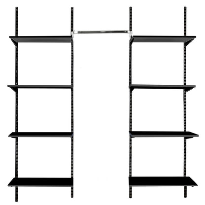 Black Twin Slot Shelving Kit - H1980mm, 4 Uprights, 8 Wooden Shelves & Hanging Rail