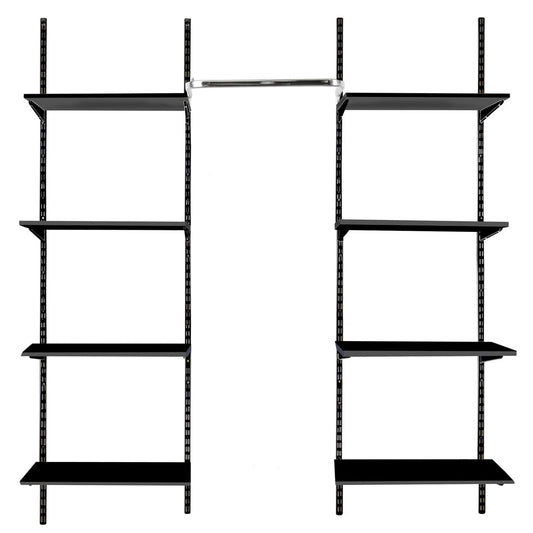 Black Twin Slot Shelving Kit - H1980mm, 4 Uprights, 8 Wooden Shelves & Hanging Rail