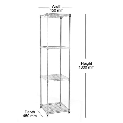 4 Tier Square Chrome Wire Shelving Unit - H1800 x W450 x D450mm