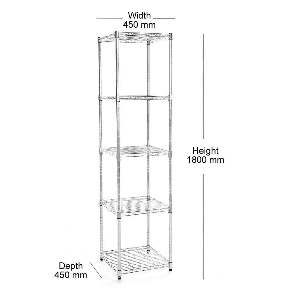 5 Tier Square Chrome Wire Shelving Unit - W450 x D450mm