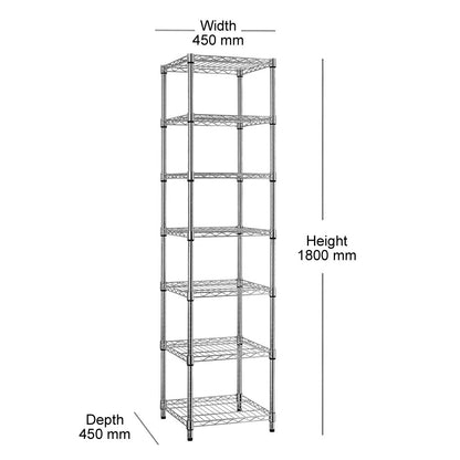 7 Tier Square Chrome Wire Shelving Unit - H1800 x W450 x D450mm