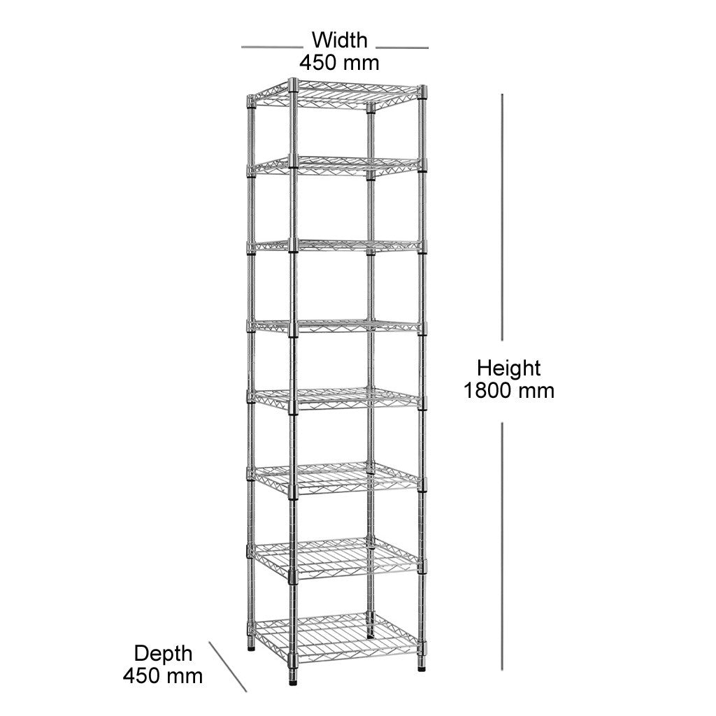 8 Tier Square Chrome Wire Shelving Unit - H1800 x W450 x D450mm