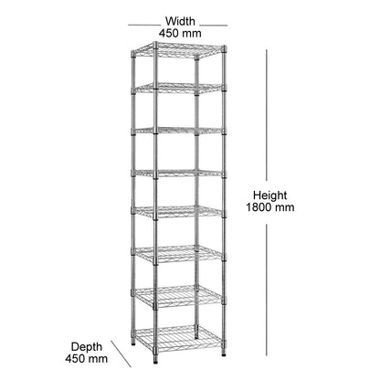 8 Tier Square Chrome Wire Shelving Unit - H1800 x W450 x D450mm