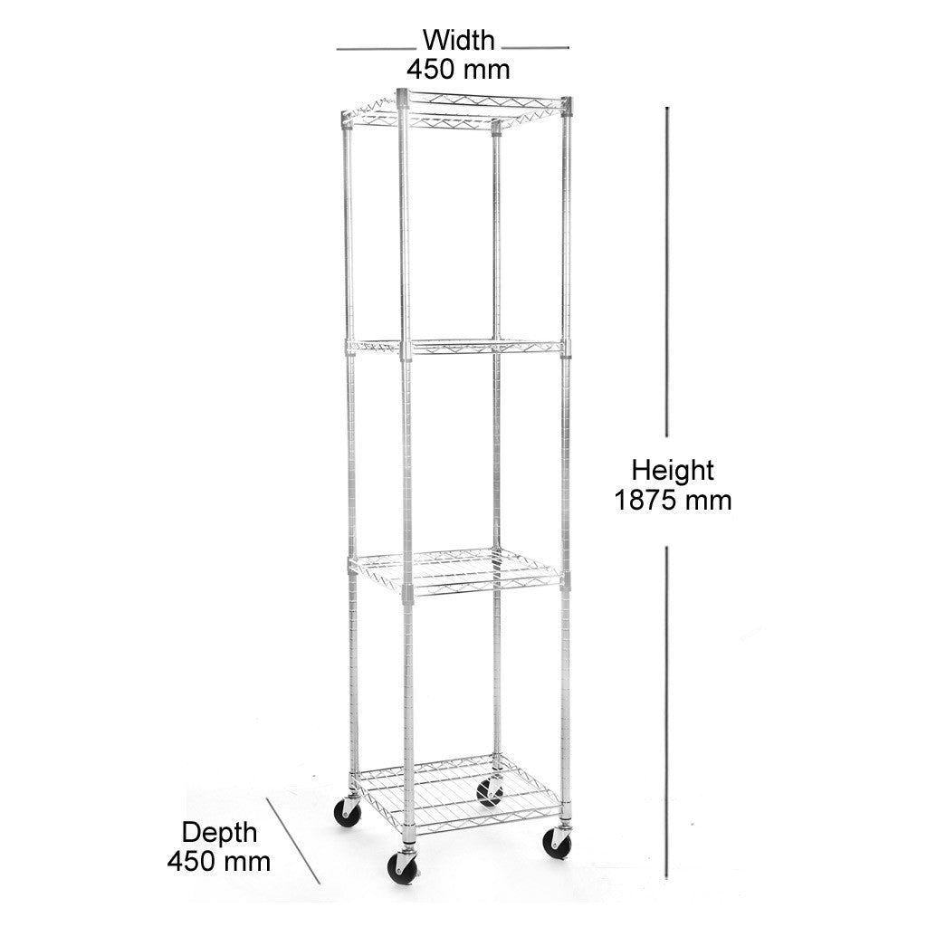 4 Tier Chrome Wire Shelving Unit with Wheels - H1875 x W450 x D450mm