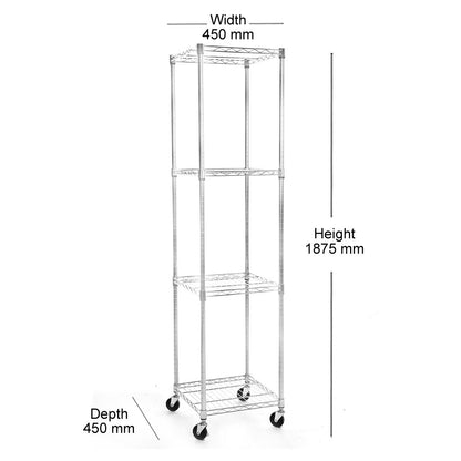 4 Tier Chrome Wire Shelving Unit with Wheels - H1875 x W450 x D450mm