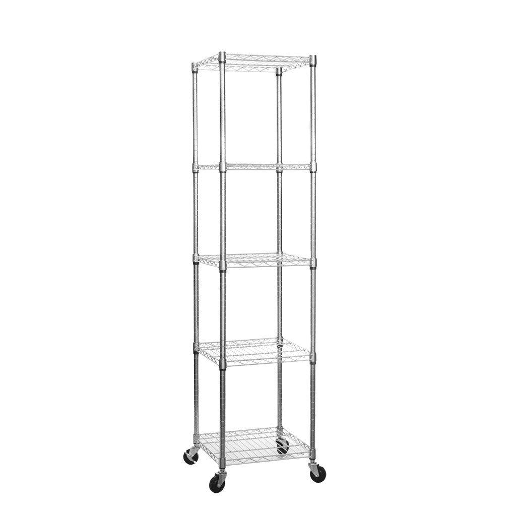 5 Tier Chrome Wire Shelving Unit with Wheels - H1875 x W450 x D450mm