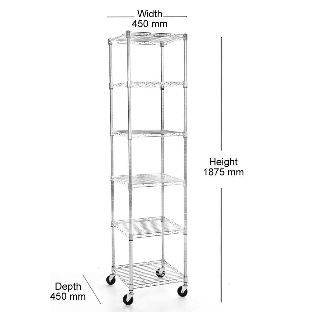 6 Tier Chrome Wire Shelving Unit with Wheels - H1875 x W450 x D450mm