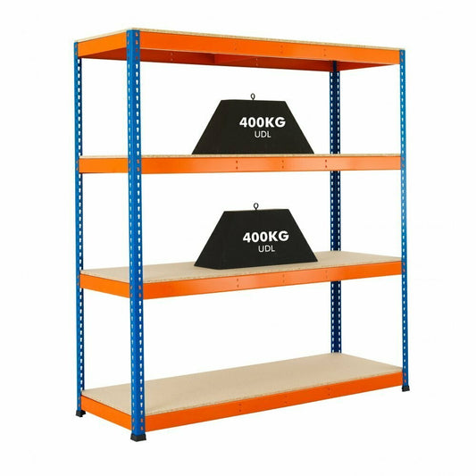 Blue & Orange Heavy Duty Warehouse Shelving Unit With Chipboard Shelves - Up to 400Kg UDL Per Shelf - 1980mm High, 2440mm Wide