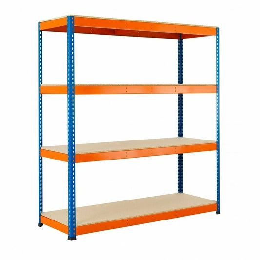 Blue & Orange Heavy Duty Warehouse Shelving Unit With Chipboard Shelves - Up to 400Kg UDL Per Shelf - 1980mm High, 2440mm Wide