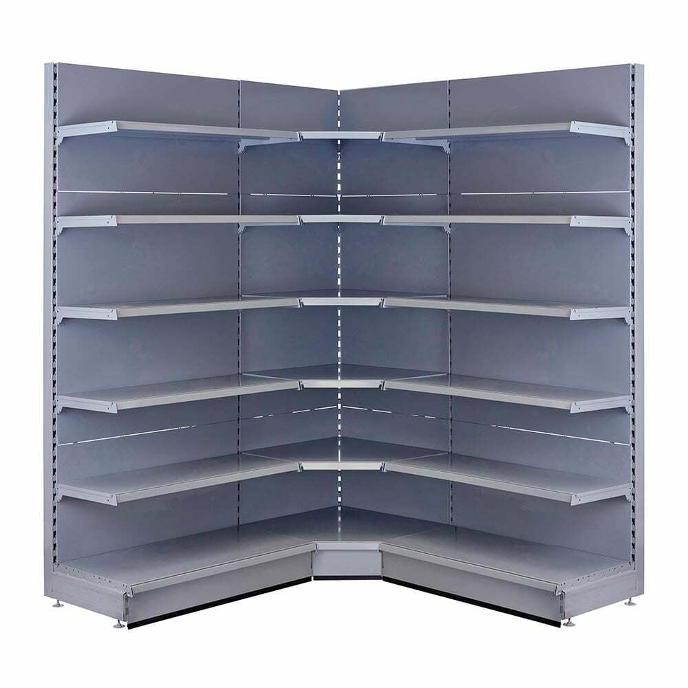 Silver Retail Shelving 90 Deg. Wall Corner Unit - 5 x 370mm Shelves - H2100mm