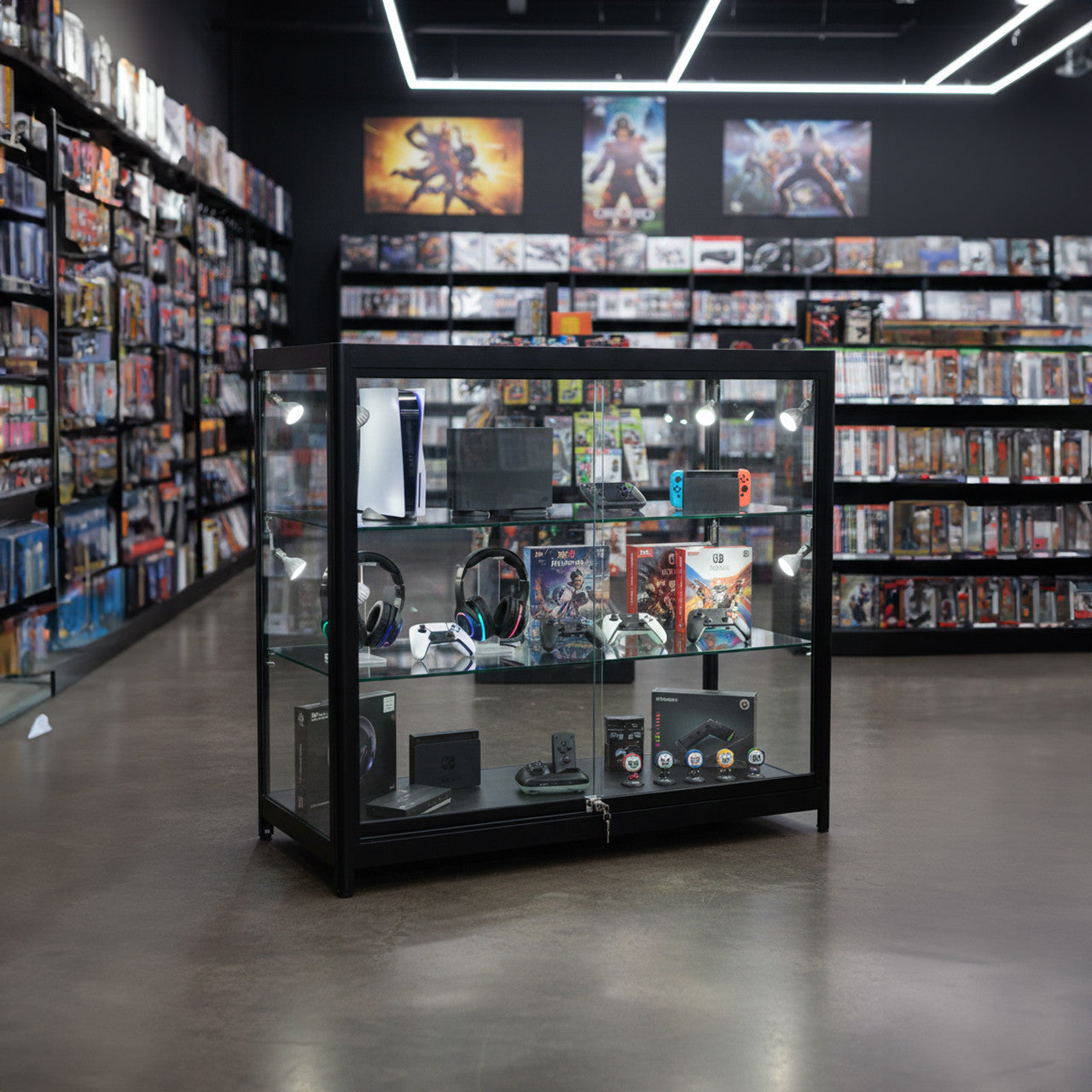 Skyline Slim Black Showcase All-Glass Display with 2 Glass Shelves