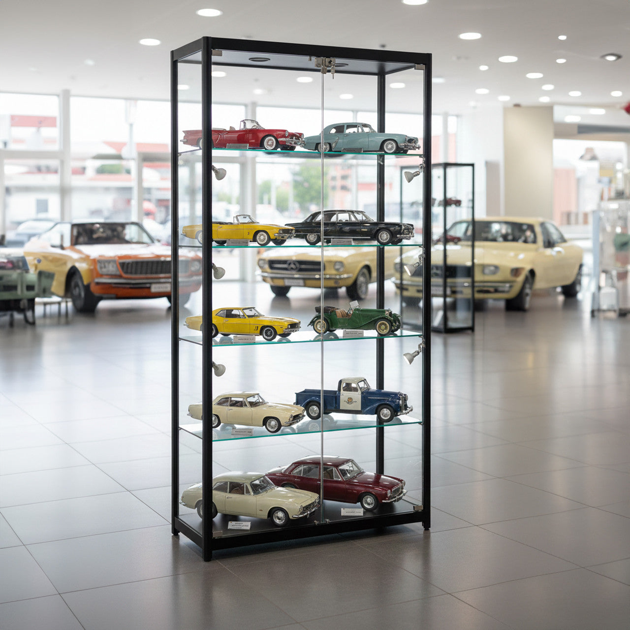 Skyline Black Tower Showcase All - Glass Display with 4 Glass Shelves - Double Door