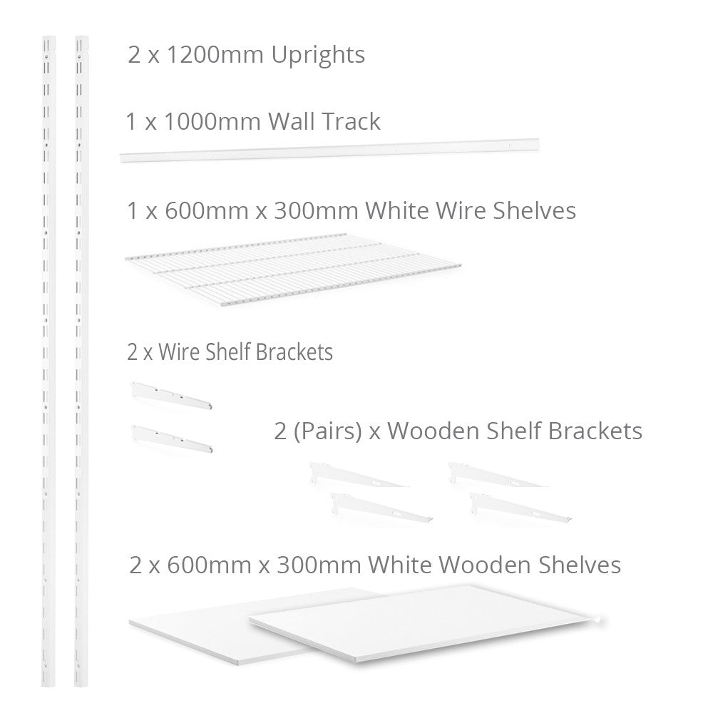 Flexx White Shelf System - H1200mm - 2x Wooden & 1x Wire Shelves
