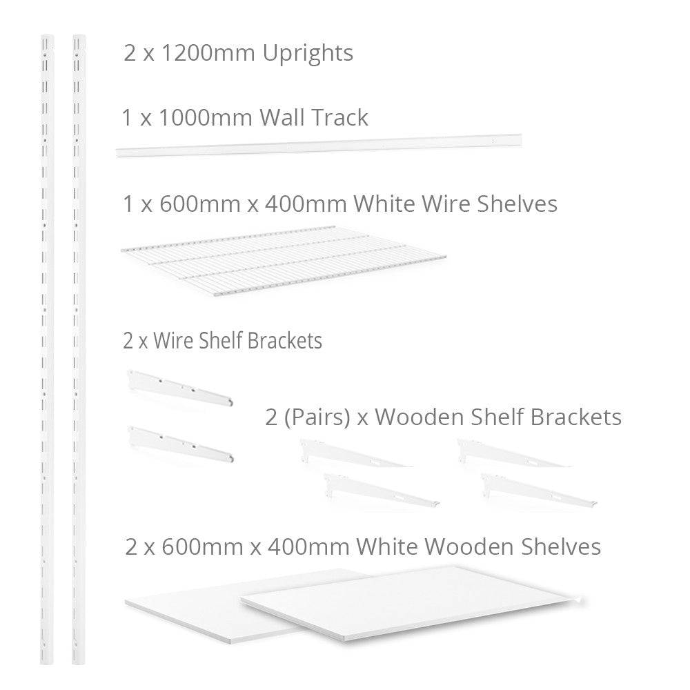 Flexx White Shelf System - H1200mm - 2x Wooden & 1x Wire Shelves
