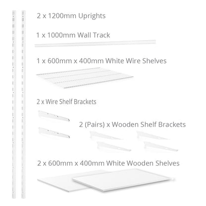 Flexx White Shelf System - H1200mm - 2x Wooden & 1x Wire Shelves