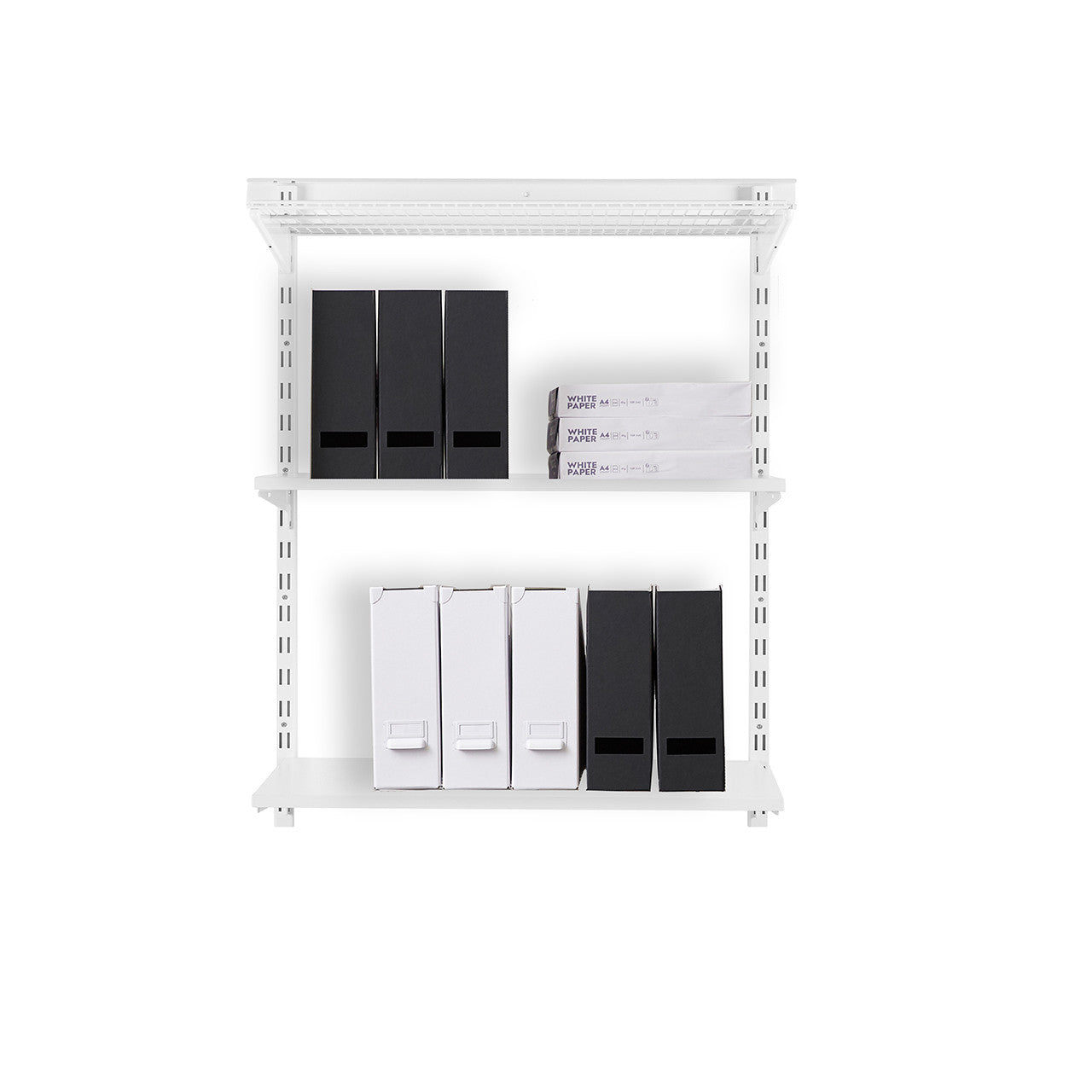 Flexx White Shelf System - H1200mm - 2x Wooden & 1x Wire Shelves