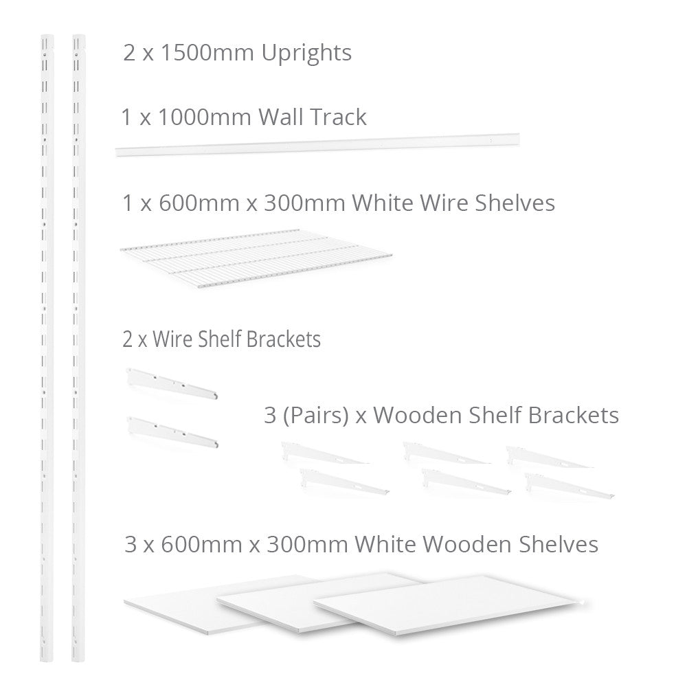 Flexx White Shelf System - H1500mm - 3x Wooden & 1x Wire Shelves