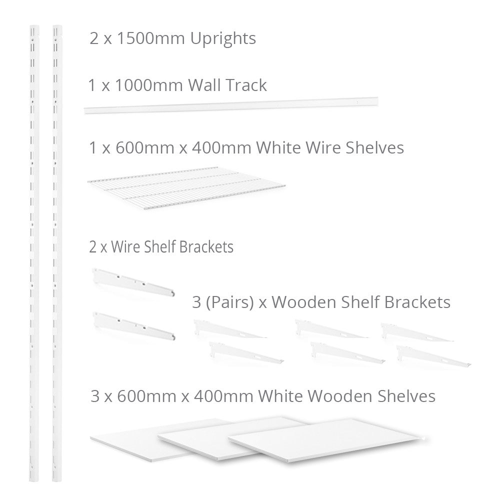Flexx White Shelf System - H1500mm - 3x Wooden & 1x Wire Shelves