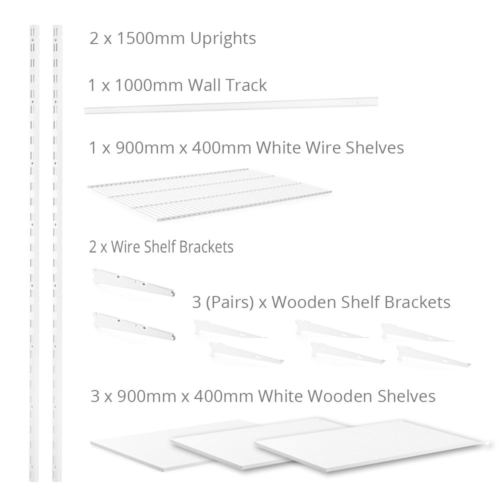 Flexx White Shelf System - H1500mm - 3x Wooden & 1x Wire Shelves