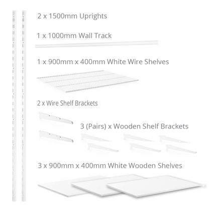 Flexx White Shelf System - H1500mm - 3x Wooden & 1x Wire Shelves
