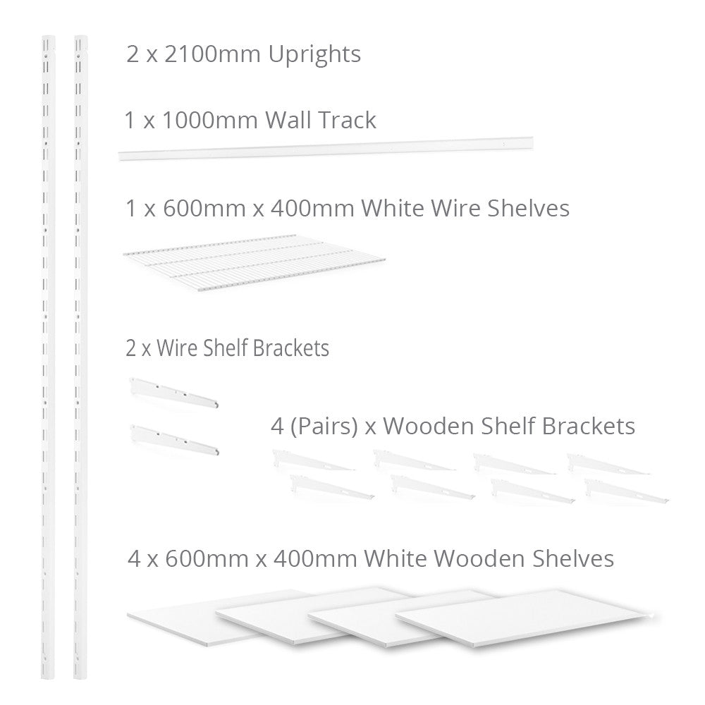Flexx White Shelf System - H2100mm - 4x Wooden & 1x Wire Shelves