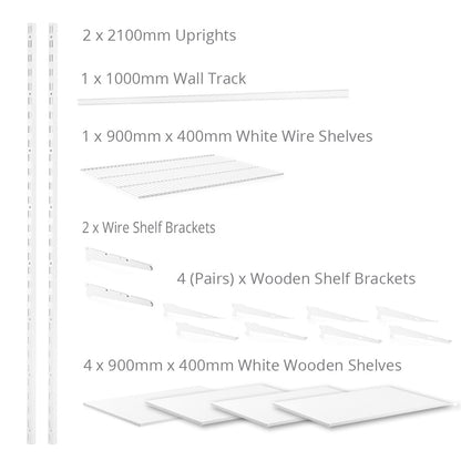 Flexx White Shelf System - H2100mm - 4x Wooden & 1x Wire Shelves