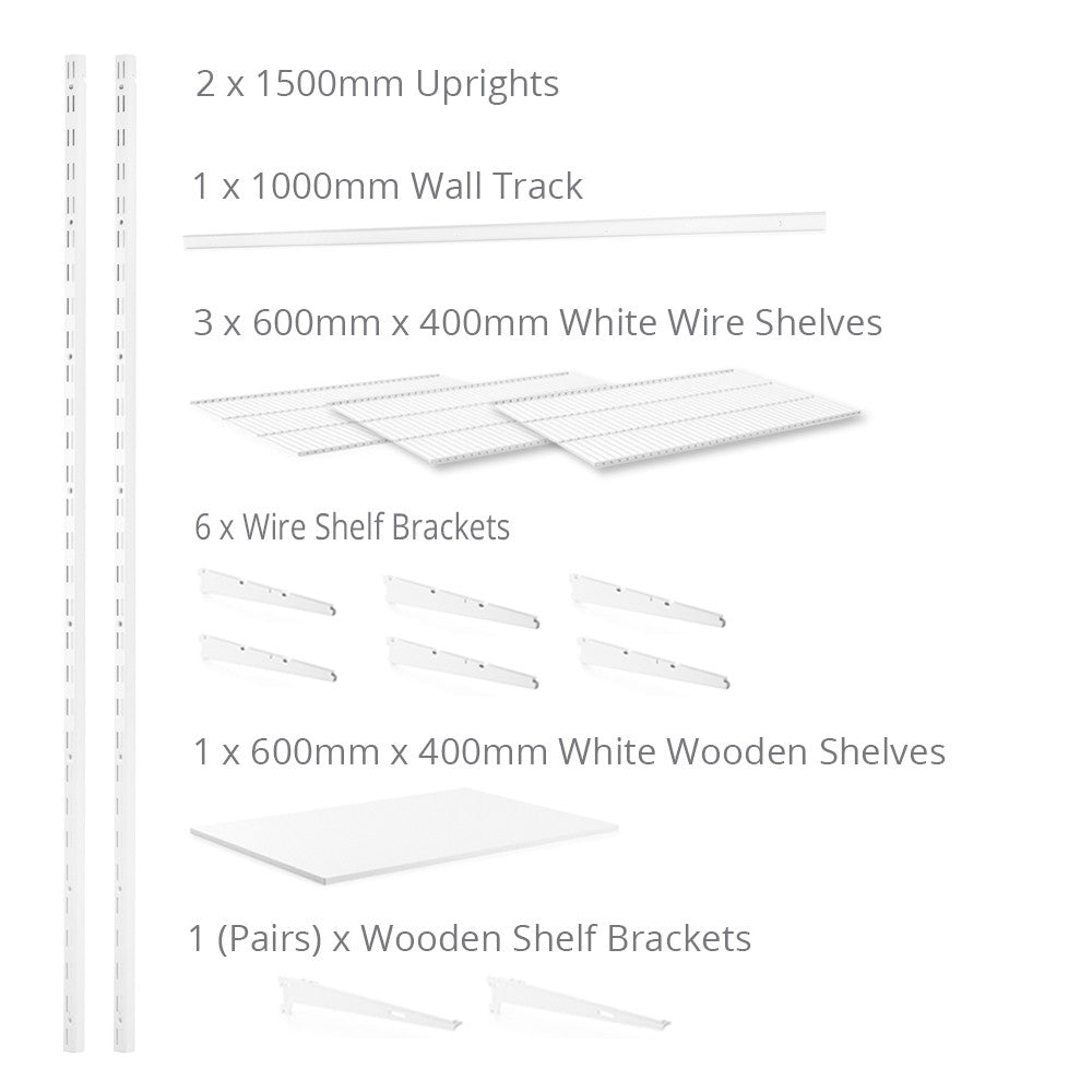 Flexx White Shelf System - H1500mm - 1x Wooden & 3x Wire Shelves