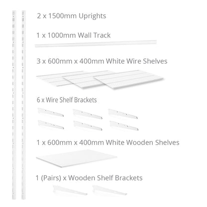 Flexx White Shelf System - H1500mm - 1x Wooden & 3x Wire Shelves