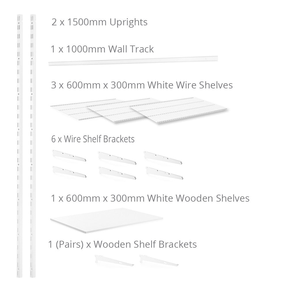 Flexx White Shelf System - H1500mm - 1x Wooden & 3x Wire Shelves