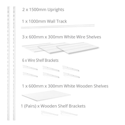 Flexx White Shelf System - H1500mm - 1x Wooden & 3x Wire Shelves