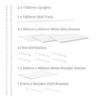 Flexx White Shelf System - H1500mm - 1x Wooden & 3x Wire Shelves