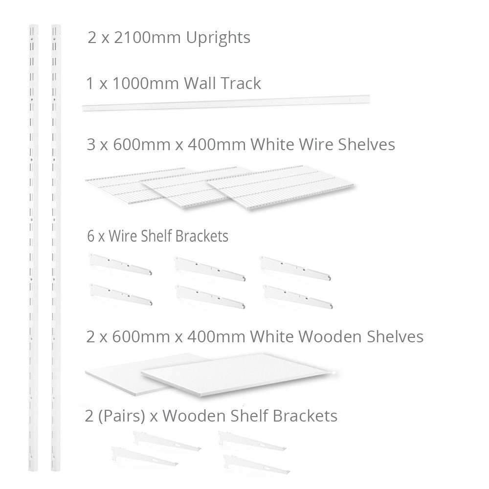 Flexx White Shelf System - H2100mm - 2x Wooden & 3x Wire Shelves