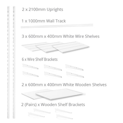 Flexx White Shelf System - H2100mm - 2x Wooden & 3x Wire Shelves