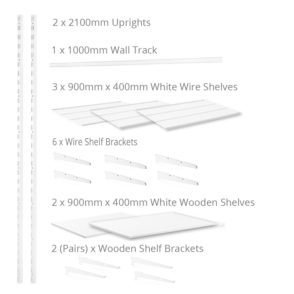 Flexx White Shelf System - H2100mm - 2x Wooden & 3x Wire Shelves