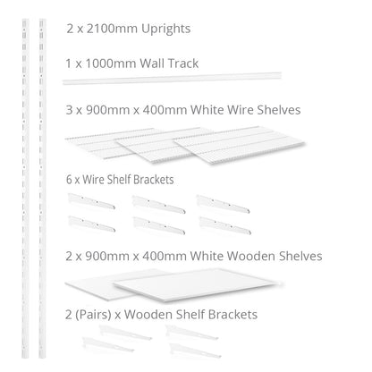Flexx White Shelf System - H2100mm - 2x Wooden & 3x Wire Shelves