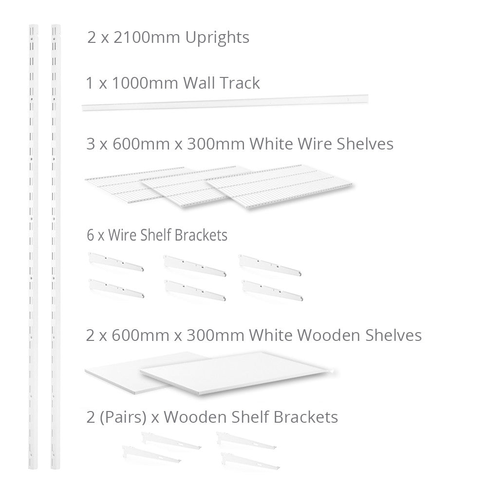 Flexx White Shelf System - H2100mm - 2x Wooden & 3x Wire Shelves