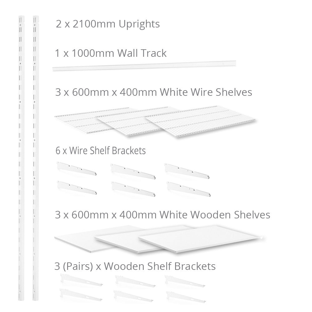 Flexx White Shelf System - H2100mm - 3x Wooden & 3x Wire Shelves