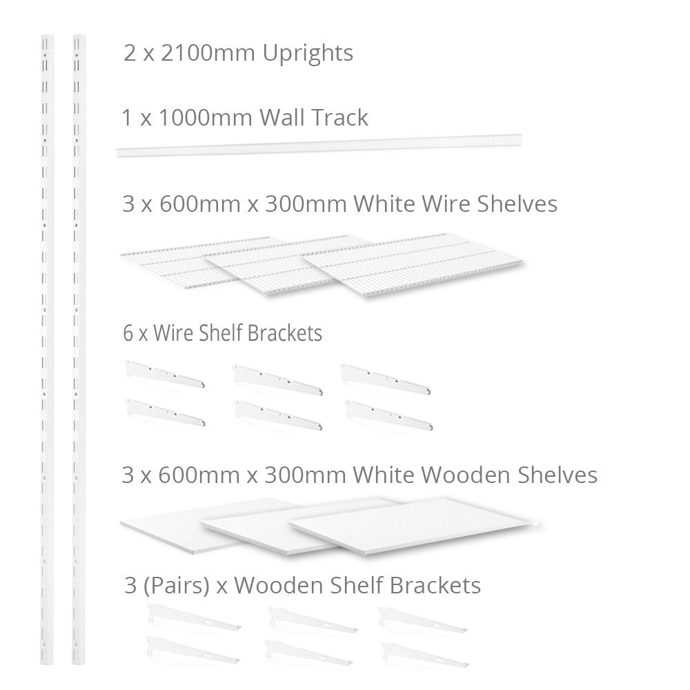 Flexx White Shelf System - H2100mm - 3x Wooden & 3x Wire Shelves