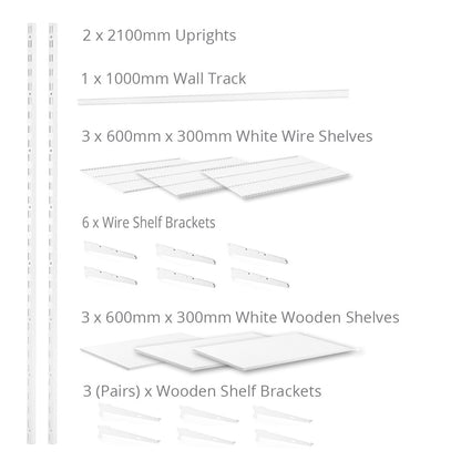 Flexx White Shelf System - H2100mm - 3x Wooden & 3x Wire Shelves