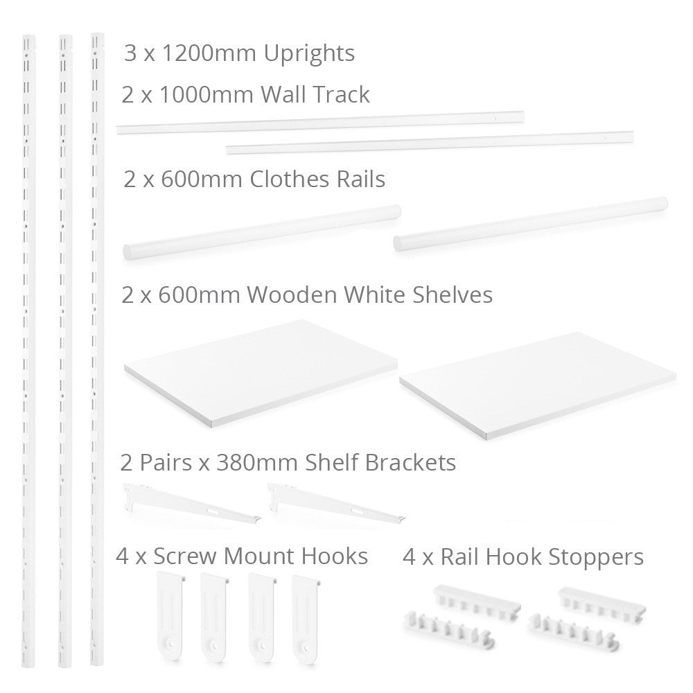 Flexx White Wooden Shelf System & Clothes Rail- H1200mm