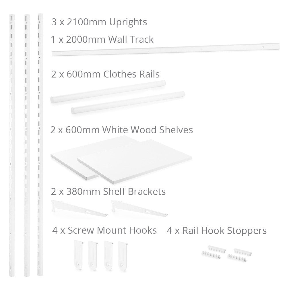 Flexx White Wooden Shelf System & Clothes Rail- H2100mm
