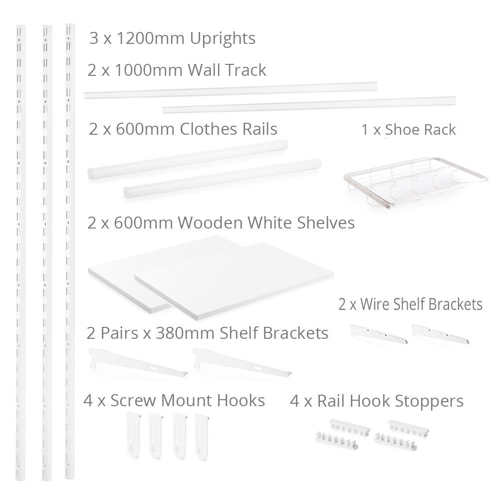 Flexx White Wooden Shelf System with Clothes Rail & Shoe Rack- H1200mm